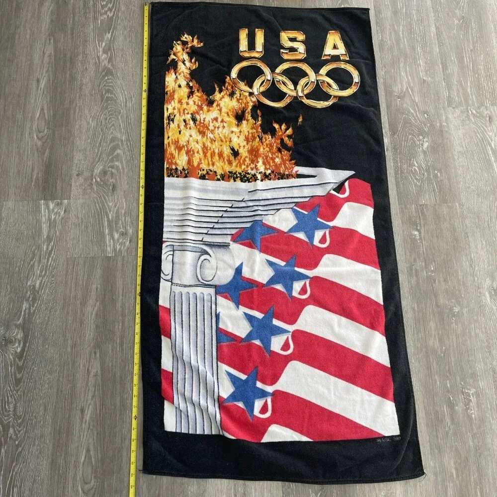 Vintage Hilalsal USA Olympic Torch Rings Games Beach Towel 100% Cotton VTG